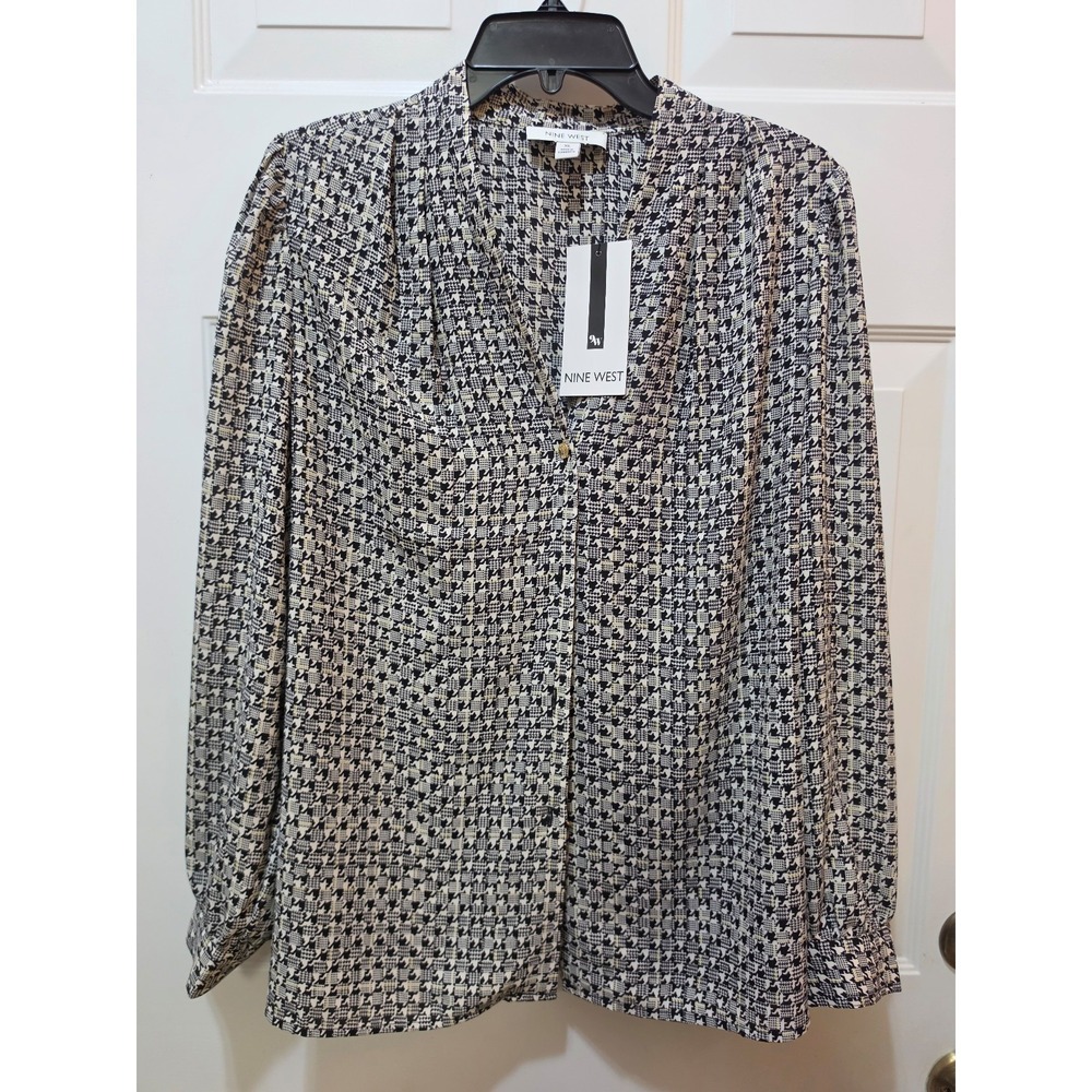 NWT Nine West Black Ivory Houndstooth Pleated Split Neck Long Sleeve Blouse XL